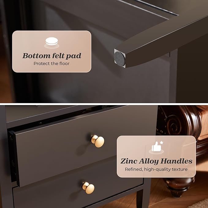 Huuger Nightstand with Charging Station, Black Nightstand with 2 Drawers, Bed Side Table for Bedroom, Bedside Table with Storage, Modern Nightstands, Metal Knobs, Painted Surface