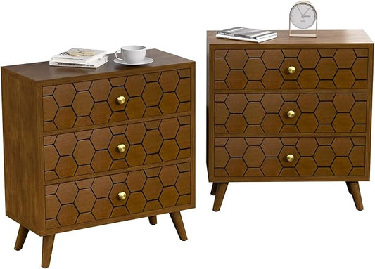 COSIEST Modern End Table w 3 Storage Drawers, Night Stand w Honeycomb Pattern, Small Wood Chest, Accent Cabinet for Bedroom, Living Room(Brown,2 Pieces)