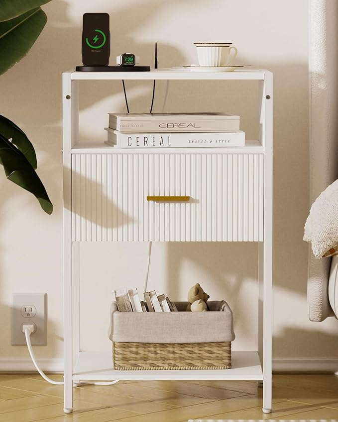 White Nightstand with Charging Station, Fluted Side Table with Drawer, Modern Bedside Table with Open Shelves for Living Room, Bedroom