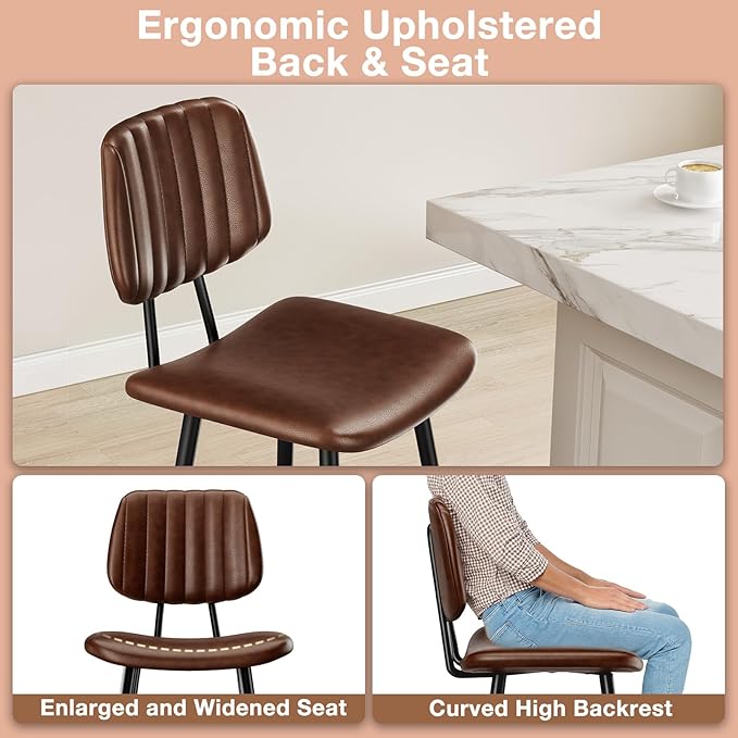 24-Inch Leather Bar Stools, Counter Height Barstools with High Backrest，Bar Chairs for Kitchen Island with Heavy Duty Metal Legs, Dark Brown