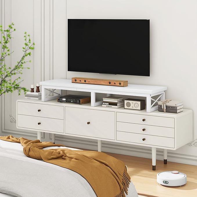 IBUYKE 45" Large TV Riser for 32-60 inch TV,Tabletop Short TV Stand with Storage and Steel Legs,TV Riser Stand for Home,Bedroom,Living Room,White TVT002W