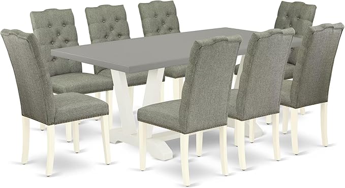 East West Furniture V097EL207-9 9 Piece Kitchen Table Set Includes a Rectangle Dining Table with V-Legs and 8 Gray Linen Fabric Parson Dining Chairs, 40x72 Inch, Multi-Color