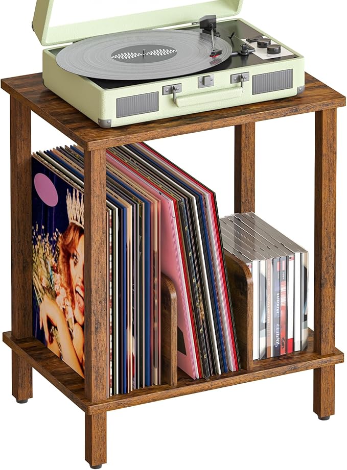 HOOBRO Record Player Stand, 2-Tier End Table, Vinyl Record Turntable Stand with Storage up to 100 Albums, Small Side Table for Living Room, Bedroom, Rustic Brown, FG05RS01