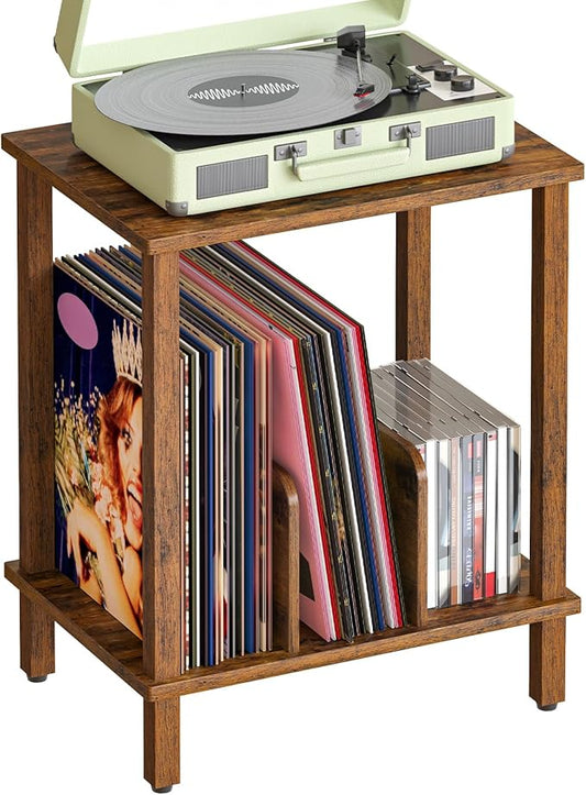 HOOBRO Record Player Stand, 2-Tier End Table, Vinyl Record Turntable Stand with Storage up to 100 Albums, Small Side Table for Living Room, Bedroom, Rustic Brown, FG05RS01