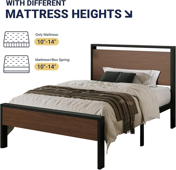 Allewie Twin Size Platform Bed Frame with Wooden Headboard and Footboard, Heavy Duty Metal Slats Support, No Box Spring Needed, Under-Bed Storage, Noise Free, Easy Assembly, Walnut