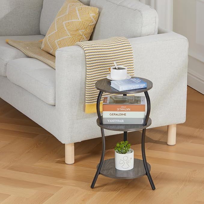 Vintage Small Round Side Table, 3-Tier Slim Waist Circular End Table with Storage Shelf, Compact Tea Sofa Side Table, Round Corner Coffee Table Nightstand for Living Room Bedroom Small Spaces,Grey