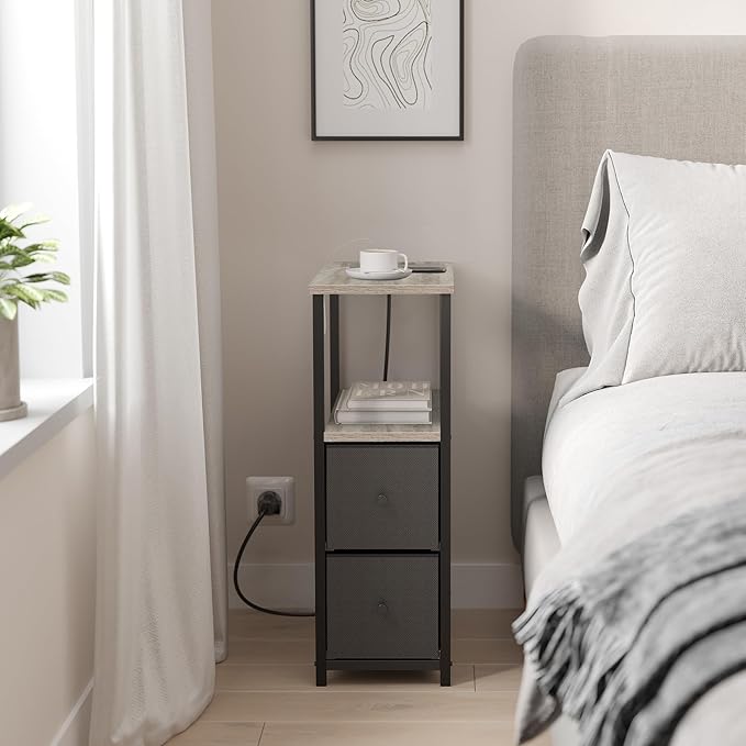 TUTOTAK Small Narrow LED End Table with Charging Station, Side Table Outlets, Nightstand with 2 Cloth Drawers, Set of 2, Couch Table, for Living Room, Bedroom, Bedside, Greige TB01BG056