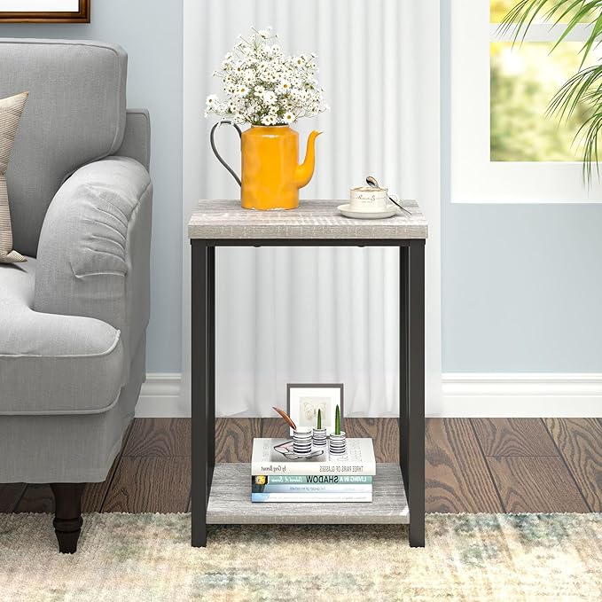 FOLUBAN End Table, Rustic Wood and Metal Side Table with Storage, Modern NightStand for Living Room Bedroom, Small Spaces, Light Grey