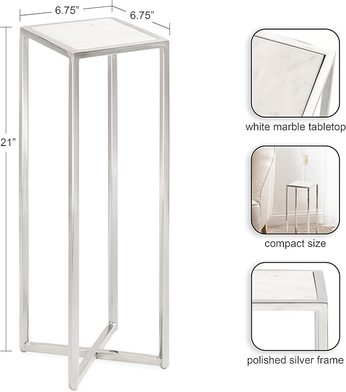Kate and Laurel Jaspur Modern Glam Drink Table, 7 x 7 x 21, White and Silver, Decorative Metal and Marble Accent Martini Cocktail Table for Display and Storage