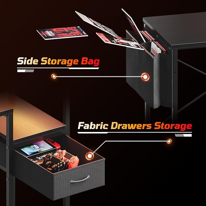 Bestier Gaming Desk with LED Lights, 44 Inch Reversible Computer Desk with Drawers & Storage Shelves for Small Spaces, PC Gamer Table with Storage Bag & Side Hook, Black