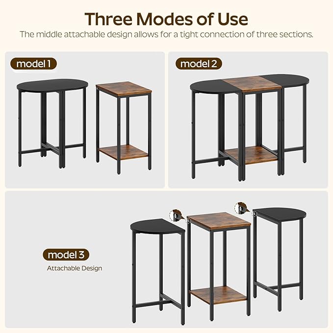 Small Side End Table, Nesting Side Table for Living Room, 2-Tier Nesting Side Table for Small Space, Wooden Sofe Tables Set of 3, Half Round End Table for Couch, Office, Brown and Black ET33BR