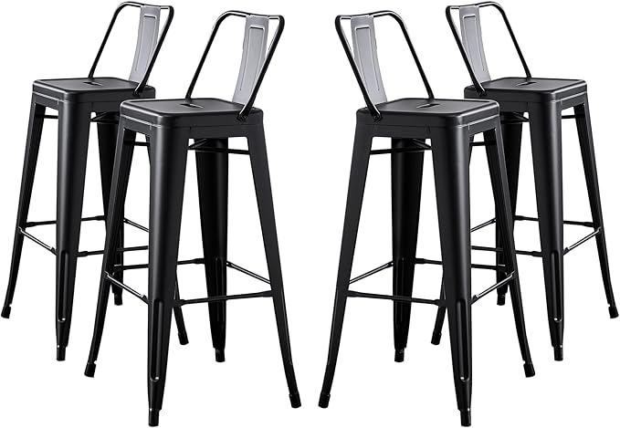 AC Pacific 30” Metal Barstool Set of 4 – Country Rustic Style with Low Back, Lightweight & Sturdy Build, Easy Assembly – Matte Black