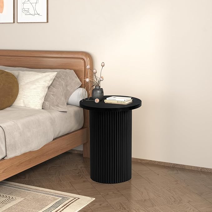 Modern Side Table, 16.93" Fluted Round Pedestal Table for Living Room, Bedroom, Entryway, Sofa, Chair – Black Accent Table with Solid Wood Strips End Table, Fully Assembled Drum Table
