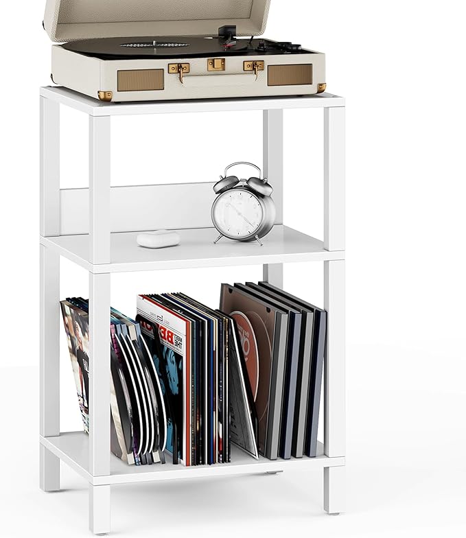 TUTOTAK Record Player Stand with Storage Up to 100 Albums,Record Storage Table,3 Tier End Table,Side Table for Living Room, Bedroom, White TB01BW075
