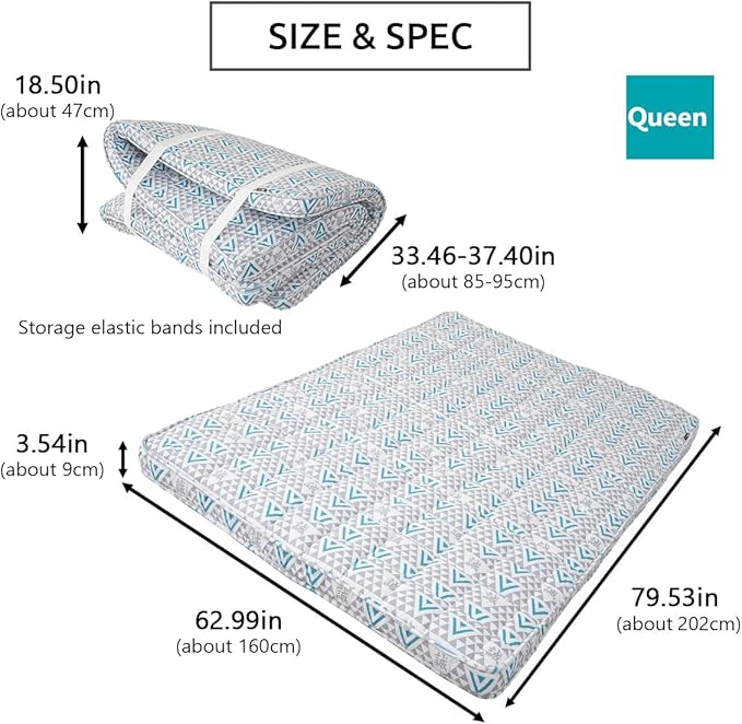 EMOOR Japanese Padded Futon Mattress Machi Queen Triangle-Gray (Shinsengumi Makoto), Gusset Foldable Storable Elastic Bands Floor Sleeping Guest Bed Tatami Mat