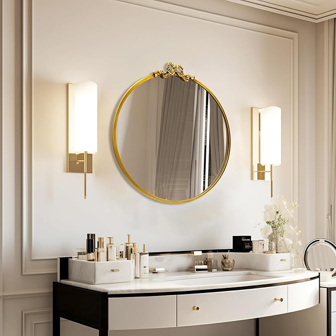 Vintage Gold Round Mirror 23.6inch Decorative Bow Mirrors for Wall Antique Bathroom Vanity Ornate Wall Mirror, Metal Baroque Bow Decor for Living Room, Entryway, Bedroom, Hallway