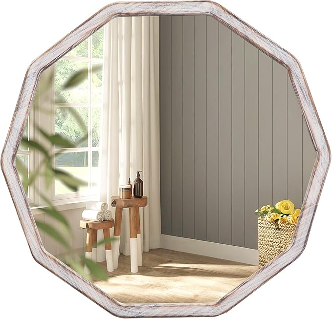 ULIKE White Wood Mirror for Wall, 30 Inch Rustic Farmhouse Mirror with Wood Frame, Decorative Wall Mounted Vanity Mirrors for Bathroom Bedroom Living Room Entryway
