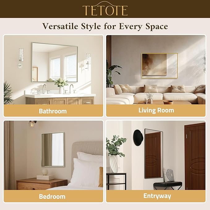 TETOTE Brushed Nickel Bathroom Mirror for Over Sink Beveled Frame 48" x 24" Rectangle Bathroom Vanity Wall Mirror, Tempered Glass, Stronger Frame, Modern Farmhouse Bedroom, Entryway, Living Room