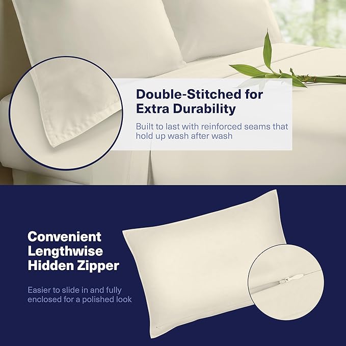 Kickoff Viscose Bamboo Sheets Twin XL Size 3-pc 100% Organic Bamboo Viscose Bed Cooling Sheets Twin XL Size Set Cool Bedding for hot Sleepers Sheet, Flat, Fitted, Pillowcase (Buttercream, TXL)