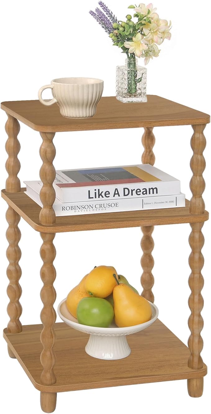 End Table, Small Side Table with 3 Tier Open Shelf, Modern NightStand Accent Table for Small Spaces, Living Room and Office (Caramel Tan)