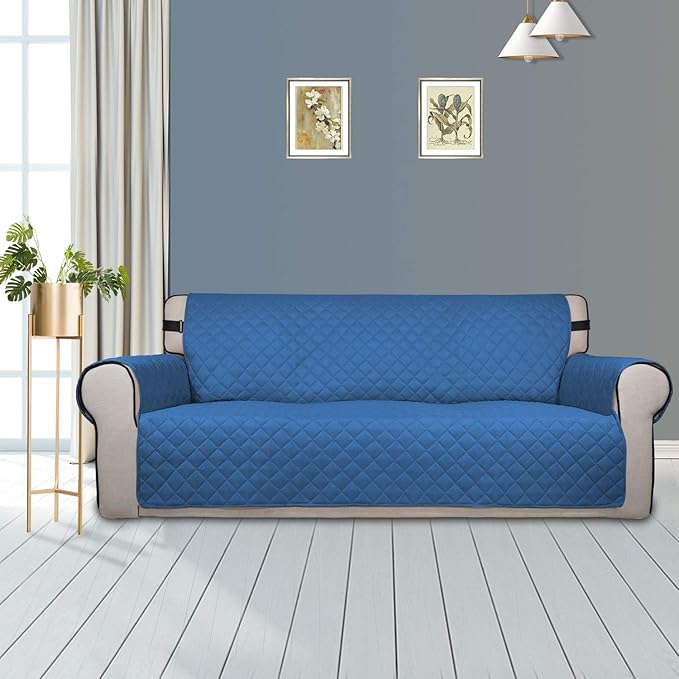 PureFit Reversible Sofa Couch Cover Water Resistant Couch Covers for 3 Cushion, Washable Furniture Cover with Non-Slip Foam and Adjustable Strap for Dogs, Pets (Sofa, Blue/Ivory)