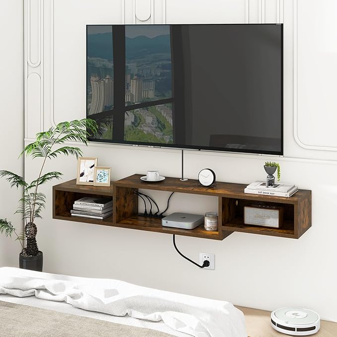 IBUYKE 59" Floating TV Stand Wall Mounted with Power Outlet,Wood Wall Mounted Media Console Shelf,Floating Entertainment Center for Under TV Storage for Living Room Bedroom Office,Rustic Brown WST007H