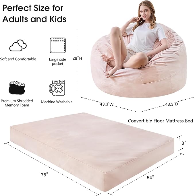 Bean Bag Chairs for Adults - Giant Bean Bag Chair Convertible Bean Bag Bed - Beanbag Chair with Micro Fiber Cover/Furniture Foam Filler - Floor Couch Sofa in Bedroom Dorm Room - Full Pink