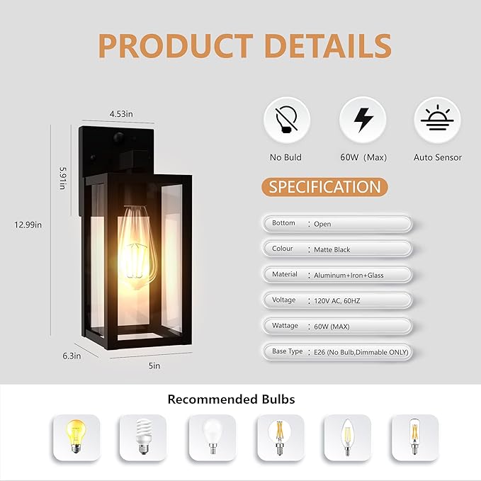 Dawn to Dusk Outdoor Sensor Motion Sensor Light Fixture Waterproof Porch Lights Anti-Rust Exterior Wall Mount Light Outdoor Wall Lantern for Patio Front Door Garage