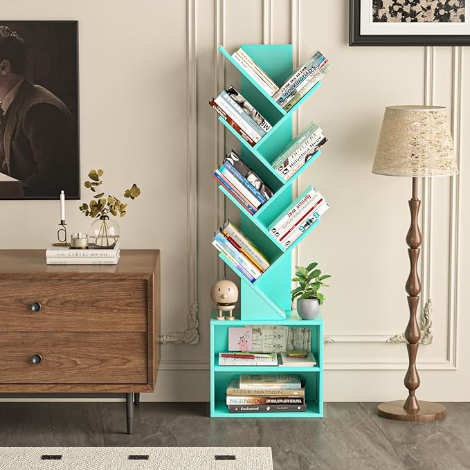 10 Tier Tree Bookshelf,Floor Standing Wood Tall Bookcase for Narrow Space, Storage Organizer Bookshelves for Books, Book Case for CDs/Movies/Books,Home Office,Living Room, Bedroom