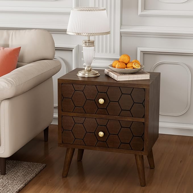 COSIEST Modern End Table w Honeycomb Pattern, Mid-Century Nightstand w Storage Drawer, Small Wood Accent End Table for Bedroom, Living Room