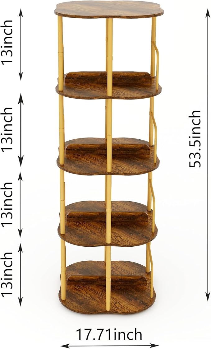 4-Tier Rotating Bookshelf, 360 ° Display Stackable Spinning Bookshelf Tower, Narrow Space Saving Tall Floor Standing Swivel Bookcase Corner Organizer for Bedroom, Living Room, Gold