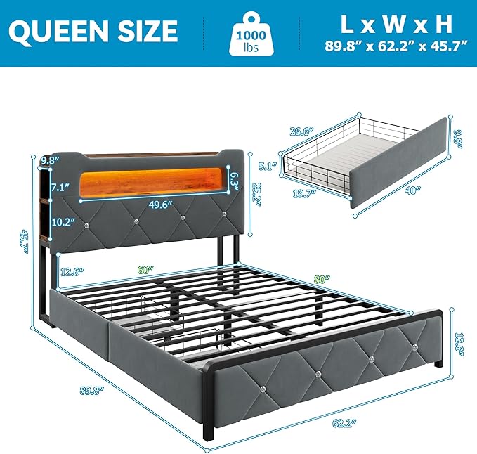 Queen Upholstered LED Bed Frame with 2 Storage Drawers and 2-Tier Storage Headboard, Velvet Platform Bed with Charging Station & Bookcase, Corner Bed Frame, Heavy Duty Metal Support, Grey