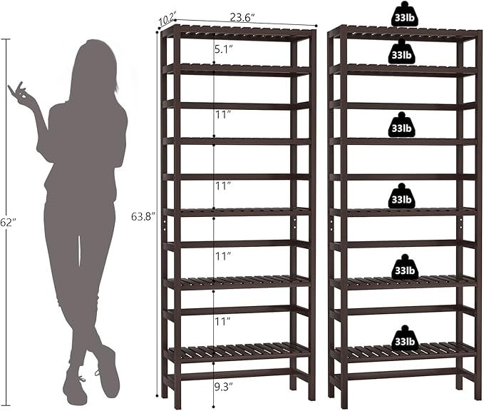 Homykic 6-Tier Bamboo Bookshelves and Bookcases, Adjustable 63.4”Tall Shallow Book Shelf Organizer Rack, Freestanding Storage Shelving Unit for Living Room, Kitchen, Bathroom, Office, Espresso