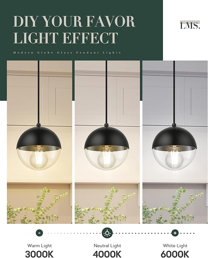 LMS 6-inch Modern Pendant Light, Matte Black Kitchen Pendant Light with Clear Globe Glass, Adjustable Hanging Farmhouse Pendant Light Fixtures for Dining Room Living Room Kitchen Island, LMS-186BKCS