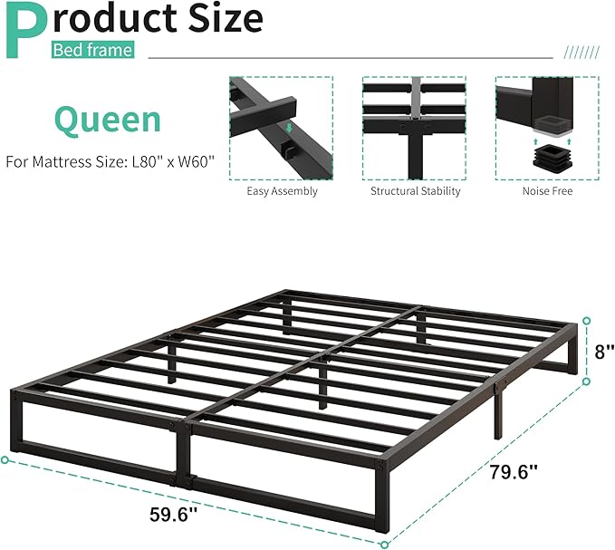 8 Inch Queen Bed Frame Heavy Duty Steel Slat Support Metal Queen Size Platform Bed Frame No Box Spring Needed, Easy Assembly, Black