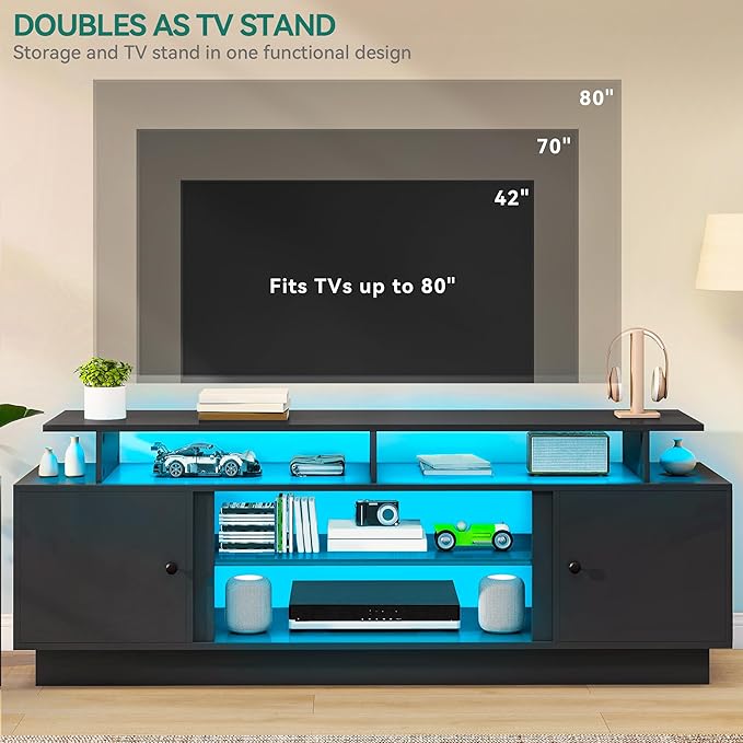 YITAHOME Modern TV Stand with LED Lights for up to 80 Inch TVs, Entertainment Center with Storage Cabinets & Movable Partition for Living Room (Black)