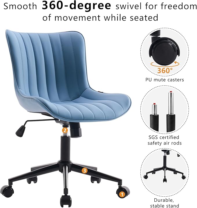 YOUNIKE Blue Home Office Desk Chair with Wheels Compact Comfy Armless Vanity Chair with Back Modern Small Leather Upholstered Rolling Task Chair Cute Computer Drafting Sewing Chair Swivel Adjustable