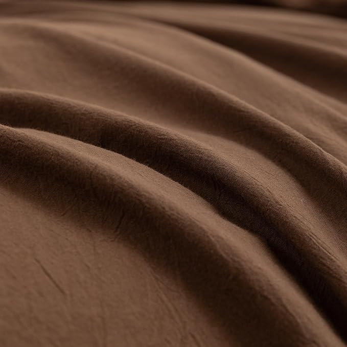 BESTOUCH Duvet Cover Set 100% Washed Cotton Linen Feel Super Soft Comfortable Chic Lightweight 3 PCs Home Bedding Set Solid Cocoa Brown Oversized Full