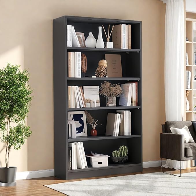 Bookshelf, 5 Wooden Book Shelf Bookcase with Freestanding Display Storage, Open Modern Bookshelf for Bedroom, Living Room, Dinning Room, Office, 60 Inch, Deep Gray