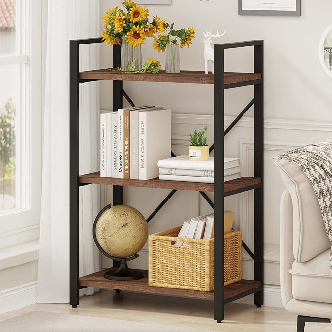 BON AUGURE 3 Tier Industrial Bookshelf, Office Small Open Book Shelf for Small Space, Short Narrow Wooden Etagere Bookcase for Living Room, Bedroom and Kitchen (Rustic Oak)