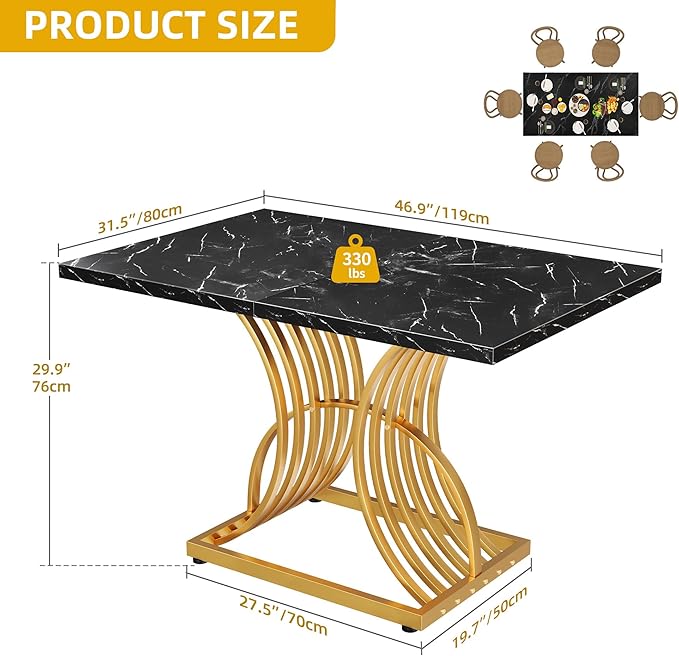 DWVO Modern Dining Table for 4 People 47 Inch Rectangular Kitchen Table with Faux Marble Tabletop and Gold Geometric Legs Small Dinner Table Kitchen & Dining Room Furniture Black & Gold