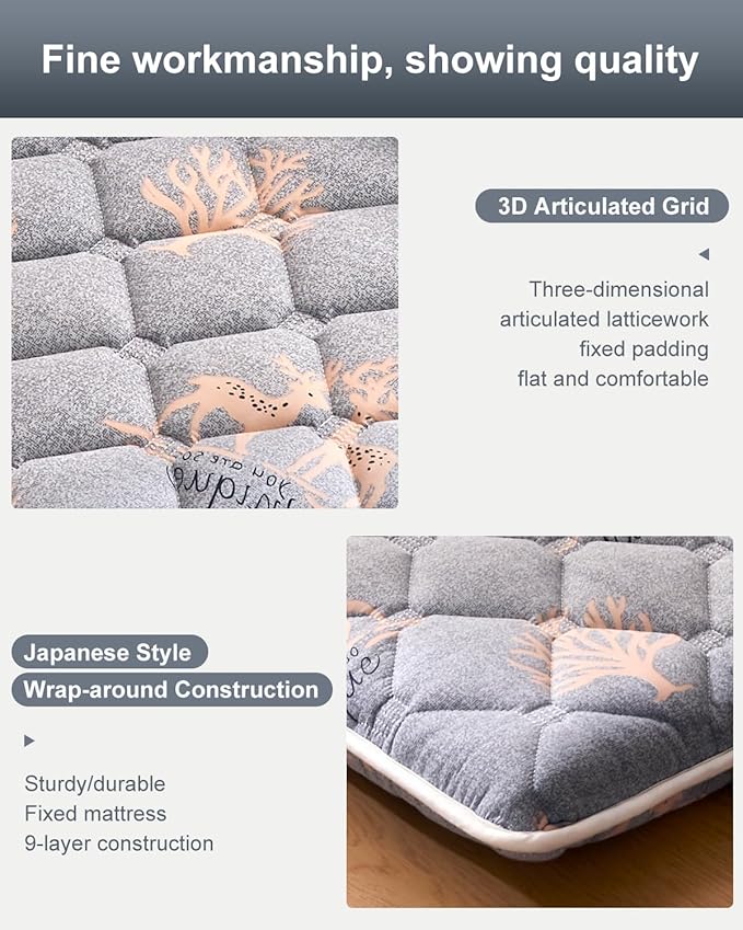 6th Generation Japanese Floor Futon Mattress - Extra-Thick 9-Layer Modern Futon with 100% High-Density Foam, Portable Floor Mattress Sleeping Pad for Adults, Guest Room, Dormitory, Queen Size(60"X80")