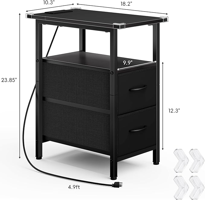 Vagusicc Black End Table with Charging Station, Narrow Side Table, 23.8'' Tall Nightstand with 2 Fabric Drawers, Small Sofa Side Table Narrow Nightstand for Small Spaces, Living Room, Bedroom, Black