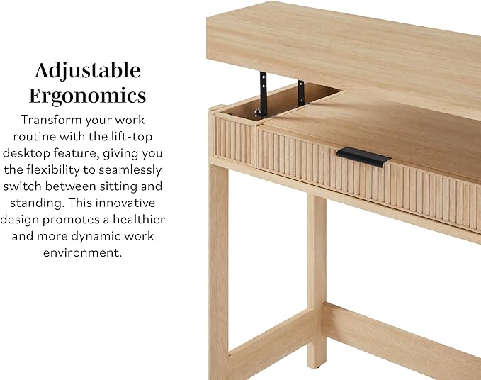 WALKER EDISON Transitional Style Furniture, Reeded Detail, Lift-Top Desk with Drawer and Storage Cubby, Sitting to Standing Desk, Soft Self-Close Desktop, 38”W x 16.75”D x 30”H, Coastal Oak