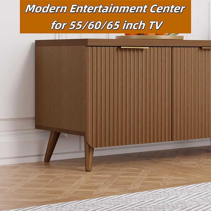 TV Stand for Living Room, Fluted Television Cabinet with 4 Stripe Doors, Modern Entertainment Center for 55/60/65 inch TV, Media Console with Wooden Legs & Metal Handles, Walnut