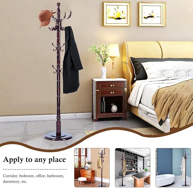 Coat Rack Stand, Solid Wooden Coat Tree with 14 Hooks, Heavy Duty Coat Rack Freestanding with Sturdy Round Base, Natural Birch Wood Coat Hanger Stand for Entryway Bedroom (Swing)