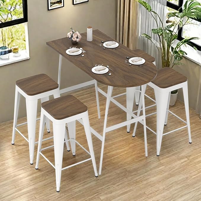 30 inch Backless Bar Stools Set of 4, Indoor Metal Bar Stools with Wood Seat, Industrial Counter Height Barstools for Kitchen Island, White