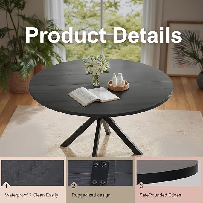 47 Inch Round Dining Table for 4, Modern Round Dinner Table Small Mid Century Dining Room Tables, Leisure Kitchen Tables for Small Space, Kitchen, Living Room, Steel Legs, Black