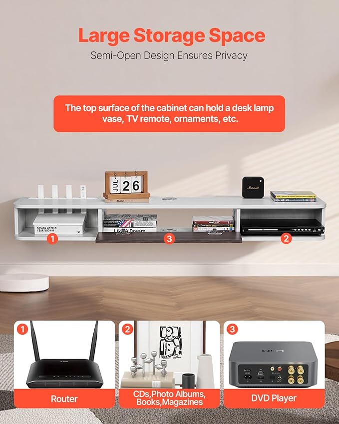 VEVOR Floating TV Stand, 55'' Under TV Shelf Wall Mounted Floating TV Console Modern Entertainment Center with Storage Cabinet, for Bedroom & Living Room, White