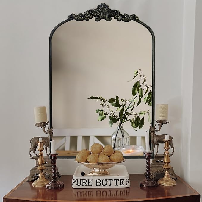WAMIRRO Arched Mirror,Black Traditional Vintage Ornate Baroque Mirrors,Antique Brass Mirrors for Entryway/Fireplace/Living Room/Hallway/Bathroom.24“X36“ Black